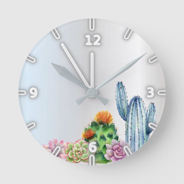 Schöne Wasserfarbenkaktus, Sukkulent Silber  Runde Wanduhr (Vorderseite)