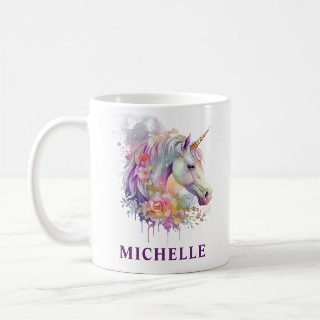 Schöne Wasserfarbenwelt Einhorn und Blume Kaffeetasse (Links)