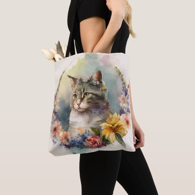 SCHÖNE WASSERFARBTABBY CAT-BLUME TASCHE (Von Nahem)