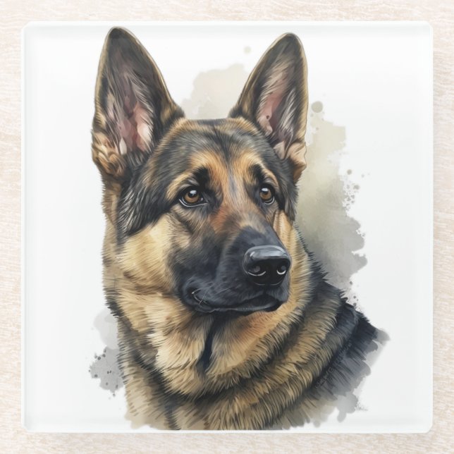 SCHÖNE WATERCOLOR DEUTSCHE SCHEPHERHERHUNDE GLASUNTERSETZER (Vorderseite)