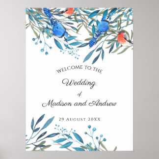 Schöne Watercolor-Vögel und Foliage-Hochzeit Poster