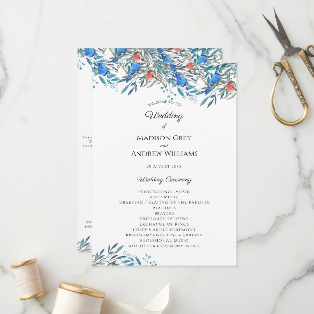 Schöne Watercolor-Vögel und Foliage-Hochzeit Programm (Vorderseite/Rückseite Beispiel)