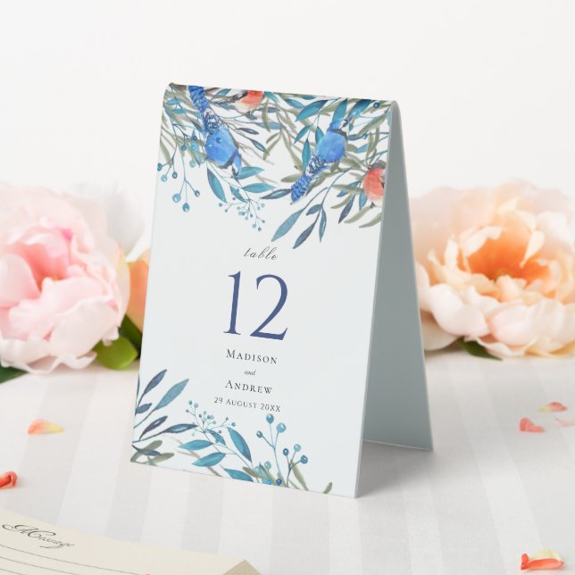 Schöne Watercolor-Vögel und Foliage-Hochzeit Tischaufsteller (In Situ (Hochzeit))