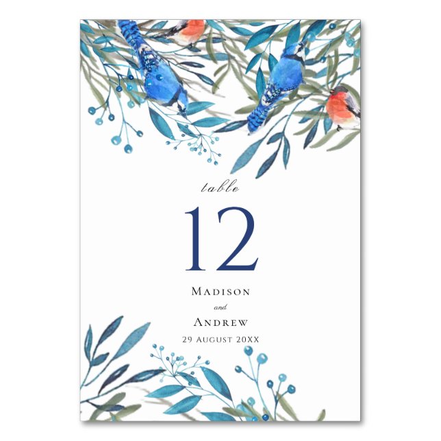 Schöne Watercolor-Vögel und Foliage-Hochzeit Tischnummer (Vorderseite)