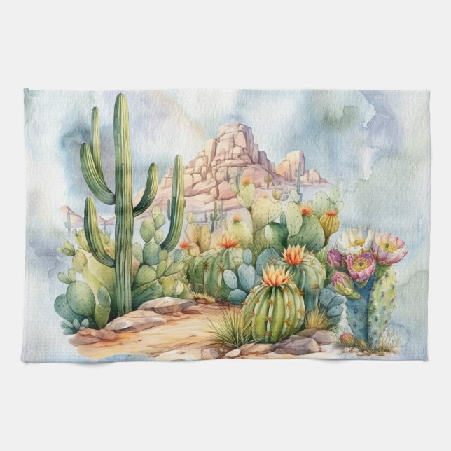 Schöne Watercolor Wüste Kakteen Landschaft Geschirrtuch (Horizontal)