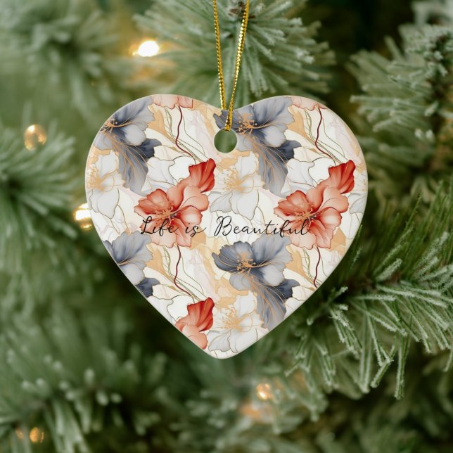 Schöne weibliche Pfirsich Blau und Weiß Blumen Keramik Ornament (Baum)