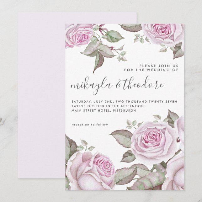Schöne, weiche Lila Wasserfarben Rose Hochzeit Einladung (Vorne/Hinten)
