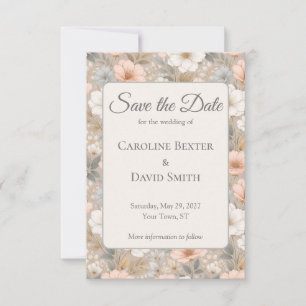 Schöne weiche rosa weiße und blaue Blumen auf Grau Save The Date