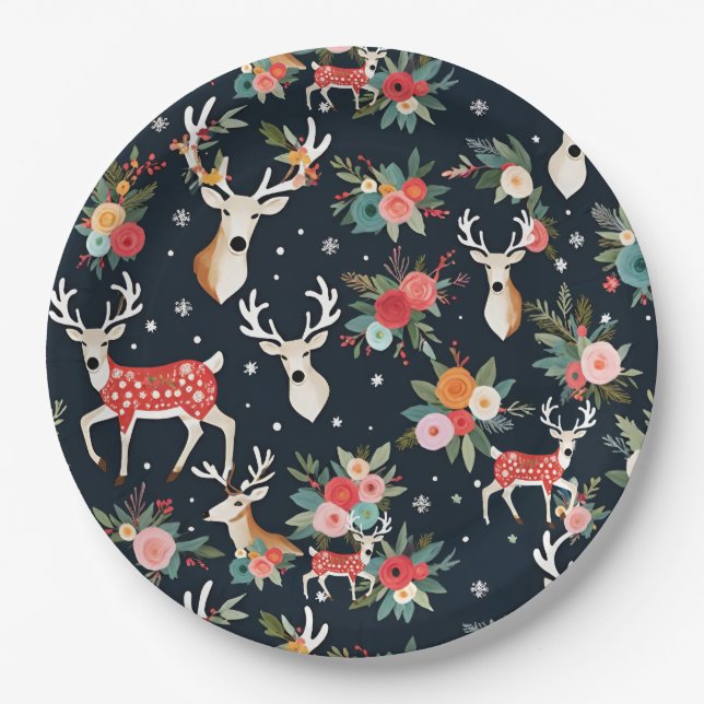 Schöne Weihnachtsbaum Rentier Floral Pappteller (Vorderseite)