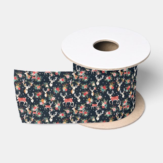 Schöne Weihnachtsbaum Rentier Floral Satinband (Spule)