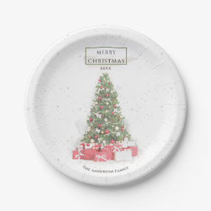 Schöne Weihnachtsbaum Wasserfarbener Urlaub Pappteller