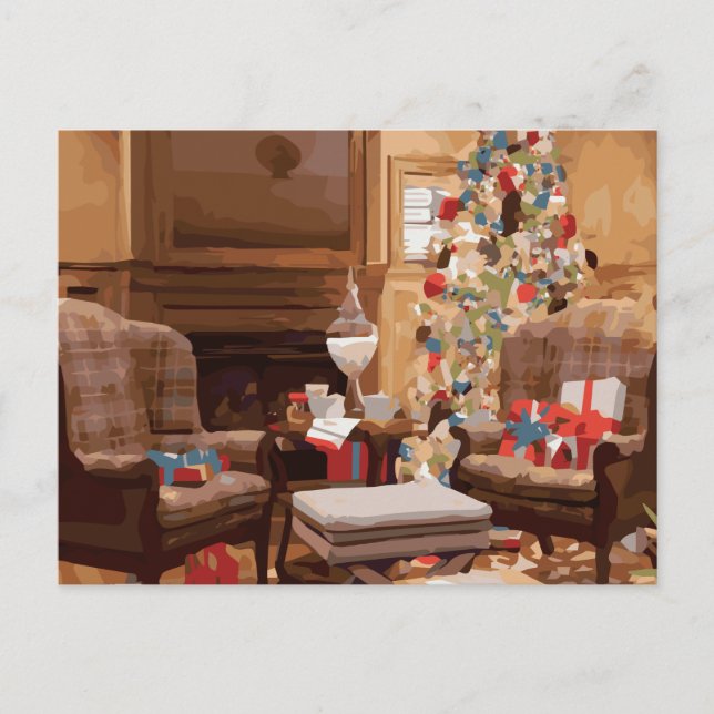 Schöne Weihnachtsbaum-Wohnzimmer-Szene Feiertagspostkarte (Vorderseite)