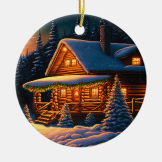 Schöne Weihnachtsbeleuchtung Holzschnee in der Hüt Keramik Ornament