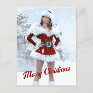 Schöne Weihnachtsfrau über den Winterschnee Feiertagspostkarte
