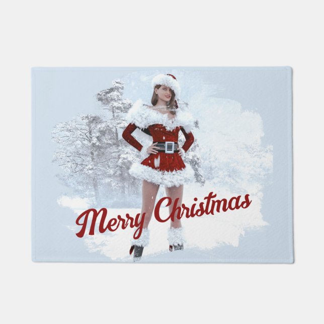 Schöne Weihnachtsfrau über den Winterschnee Fußmatte (Vorderseite)