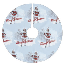 Schöne Weihnachtsfrau über den Winterschnee Polyester Weihnachtsbaumdecke