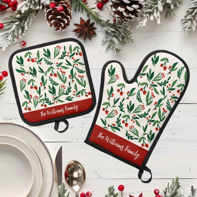 Schöne Weihnachtszeit Botanical Holly Berry Custom Ofenhandschuh & Topflappen-Set (Von Creator hochgeladen)
