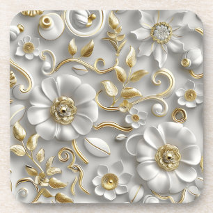 Schöne Weiß und Gold 3D Flora Getränkeuntersetzer