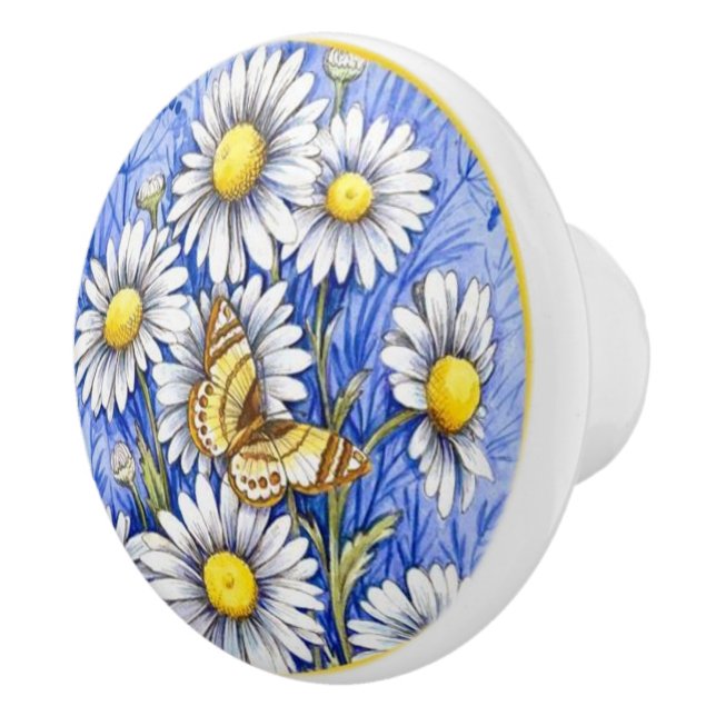 Schöne weiße Blume auf blauem Hintergrund Keramikknauf (Rechts)
