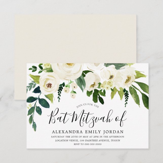 Schöne weiße Blume Bar Mitzvah Bat Mitzvah Einladung (Vorne/Hinten)