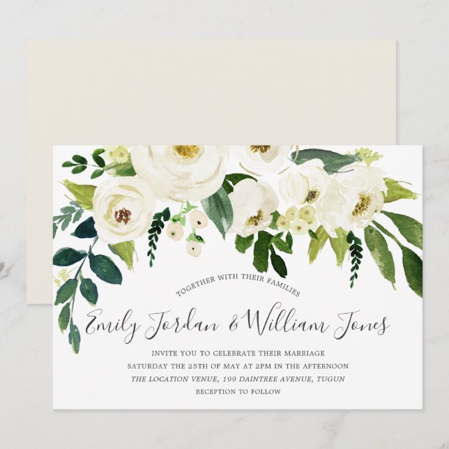 Schöne weiße Blume Creme Elegante Hochzeit Einladung (Vorne/Hinten)