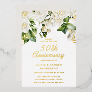 Schöne weiße Blume & Gold 50 Jahre alt Folieneinladung