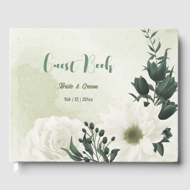 Schöne weiße Blume Grün Blätter Hochzeit Gästebuch (Vorderseite)