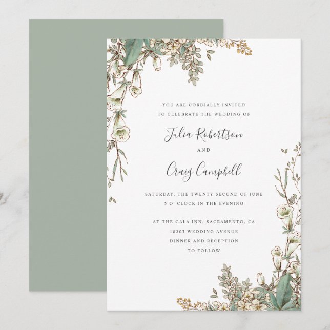 Schöne weiße Blumen Blätter Whimsikale Hochzeit Einladung (Vorne/Hinten)