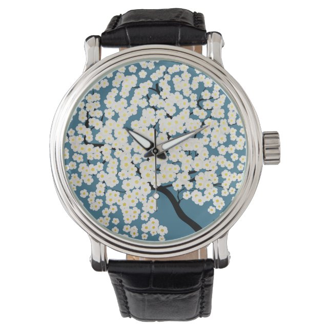 Schöne weiße Blumen blühender Baum Kunst Armbanduhr (Vorderseite)