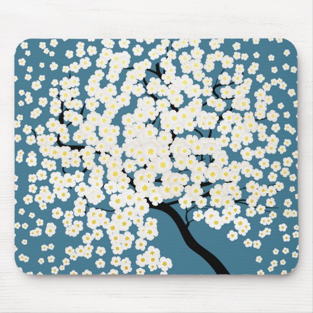 Schöne weiße Blumen blühender Baum Kunst Mousepad (Vorne)