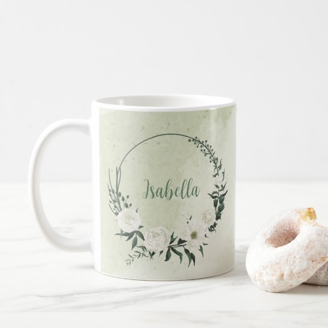 Schöne weiße Blumen grüne Blätter Kaffeetasse (Mit Donut)
