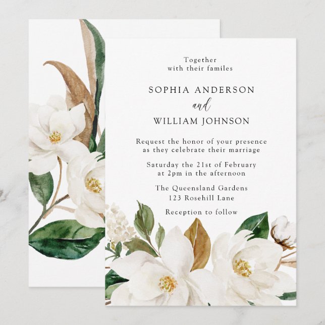 Schöne weiße Flora Elegante Hochzeit Einladung (Vorne/Hinten)