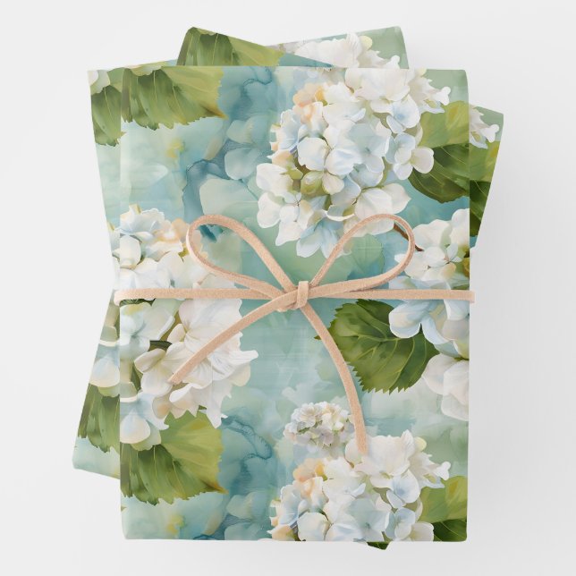 Schöne weiße Hydrangea auf blau Geschenkpapier Set (Beispiel)