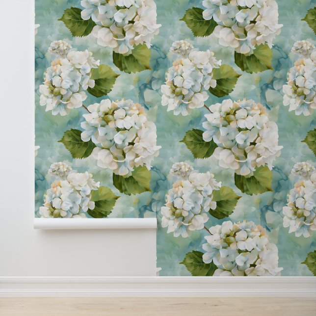 Schöne weiße Hydrangea auf blau Tapete (Anwendung)