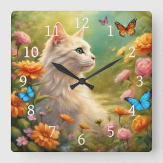 Schöne weiße Katze im Garten 713 Quadratische Wanduhr