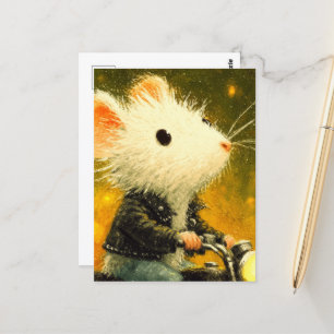 Schöne weiße Maus auf dem Motorrad in Schwarz Postkarte