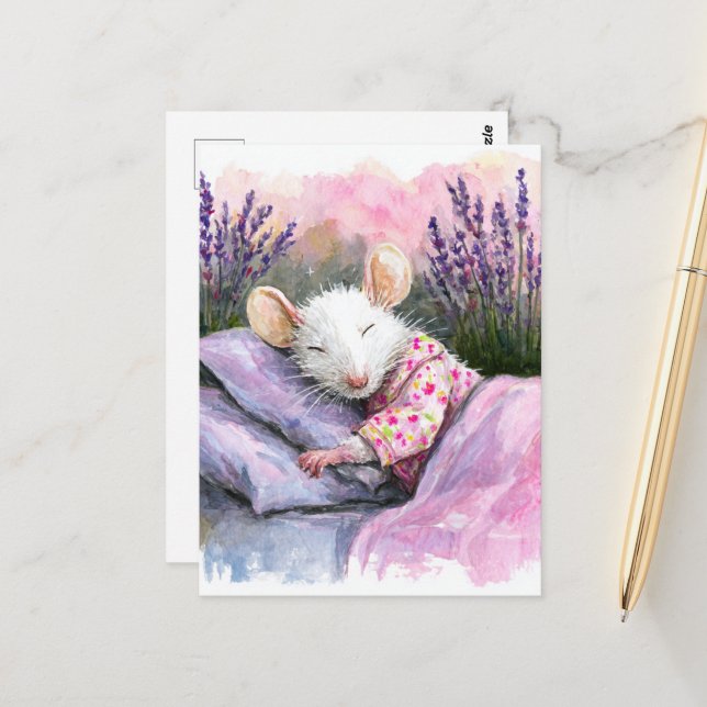Schöne weiße Maus schlafen Postkarte (Vorderseite/Rückseite Beispiel)