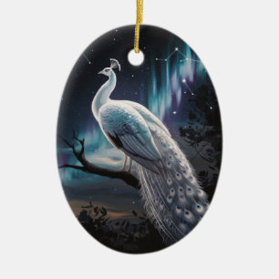 Schöne weiße Pfauen-Aurora-Borealis-Landschaft Keramik Ornament