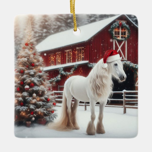 Schöne weiße Pferde, Christbaum und Stall Keramikornament (Vorderseite)