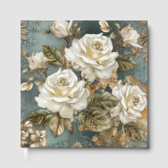 Schöne weiße Rosen auf Blau Gästebuch (Vorderseite)