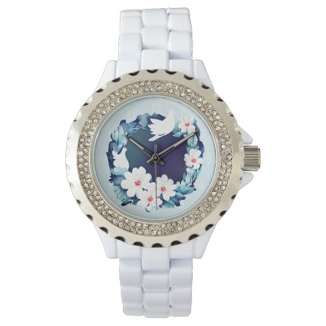 Schöne weiße Tauben Blumenreste Armbanduhr (Vorderseite)