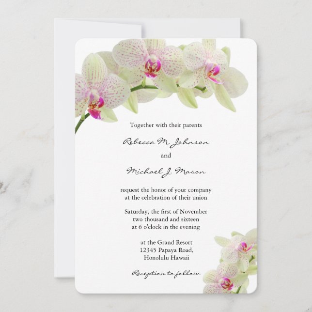 Schöne, weiße und heiß rosa Orchideen Hochzeit Einladung (Vorderseite)