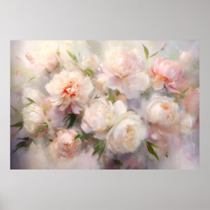 Schöne weiße und rosa Pfingstrosen-Aquarellmalerei Poster