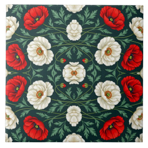 Schöne weiße und rote Mohnblumen Blumenmuster Fliese