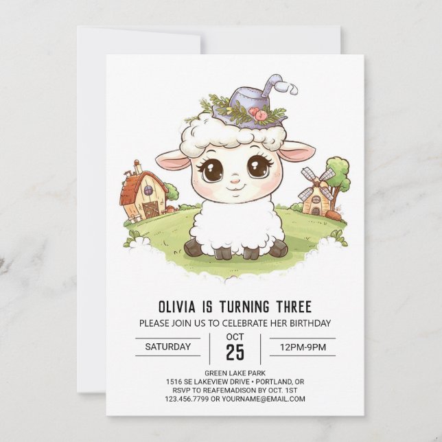 Schöne Whimsical Sheep Digital Geburtstag Einladung (Vorderseite)