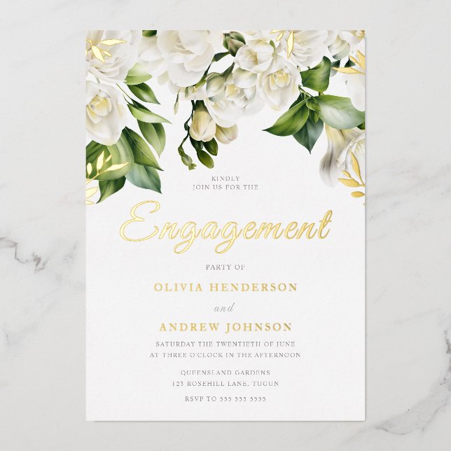 Schöne White Floral Engagement Party Gold Folieneinladung (Vorderseite)