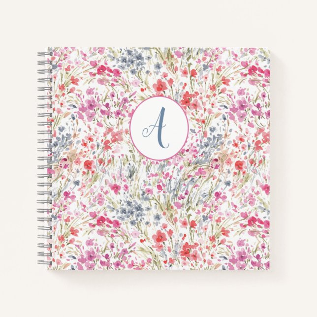 Schöne Wildblume Wasserfarbmuster Monogramm Notizbuch (Vorderseite)