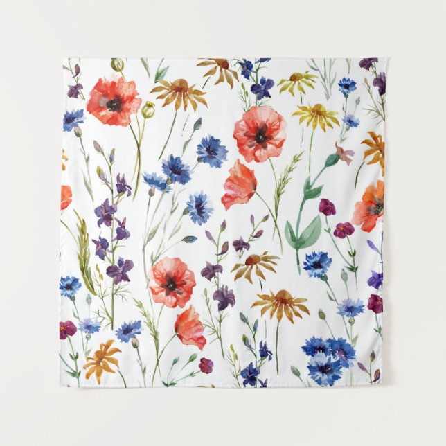 Schöne Wildblumen, Aquarell, Mohn, Wandteppich (Vorderseite)