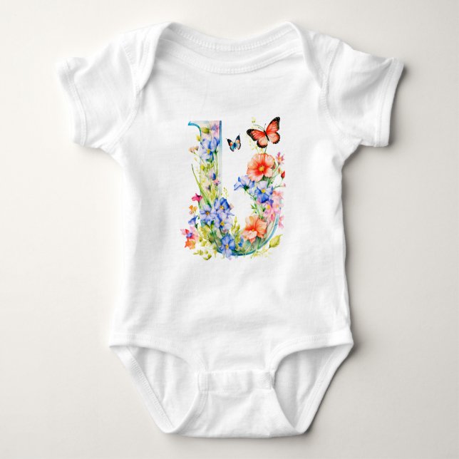 Schöne Wildblumen-Schmetterlings-Monogramm Baby Strampler (Vorderseite)