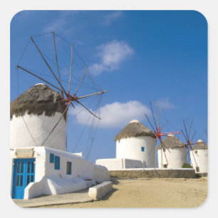 Schöne Windmühlen auf der Insel Mykonos, Quadratischer Aufkleber